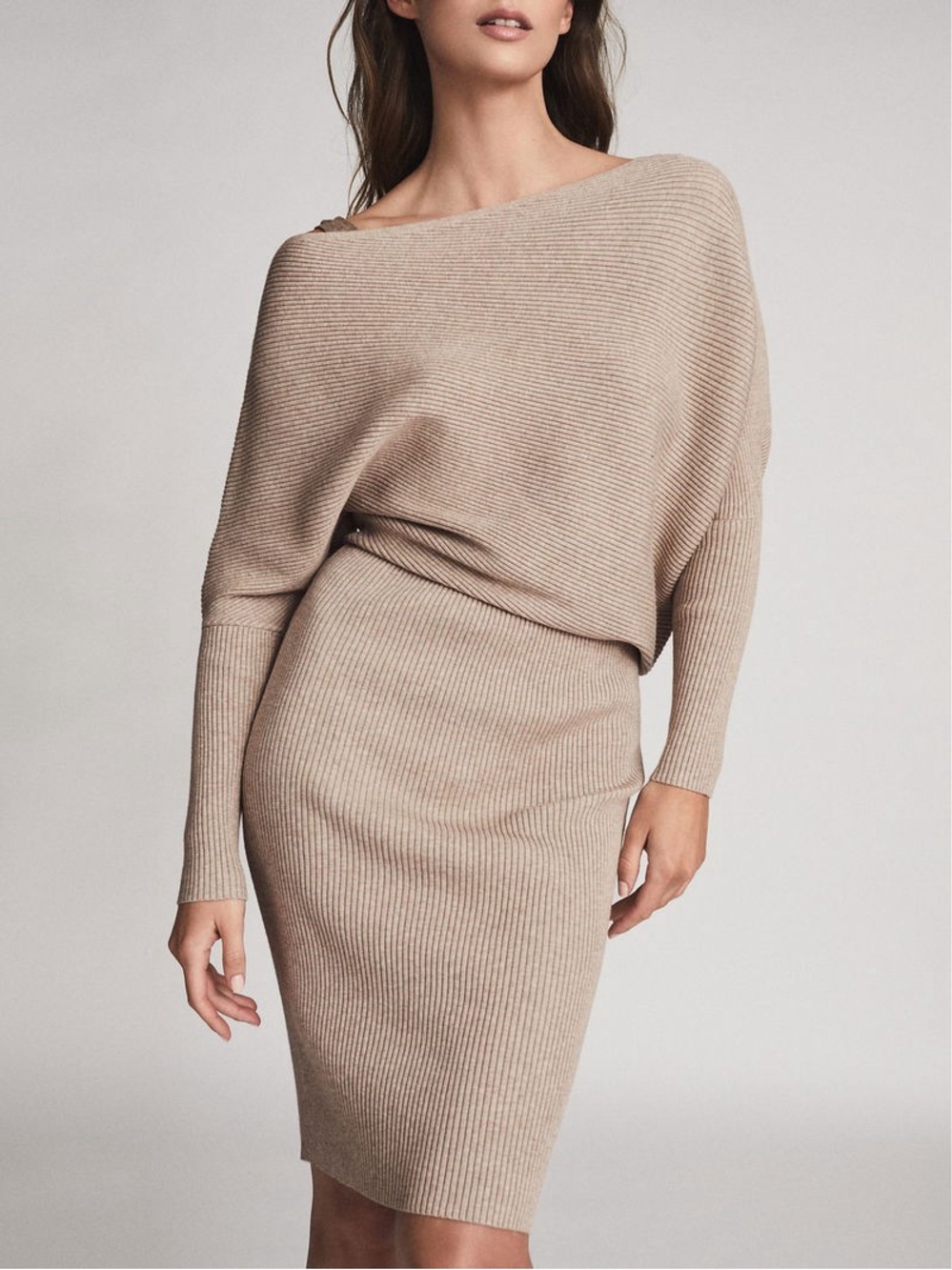 REISS Lara Draped Knitted Bodycon Dress Ribbed Tan S